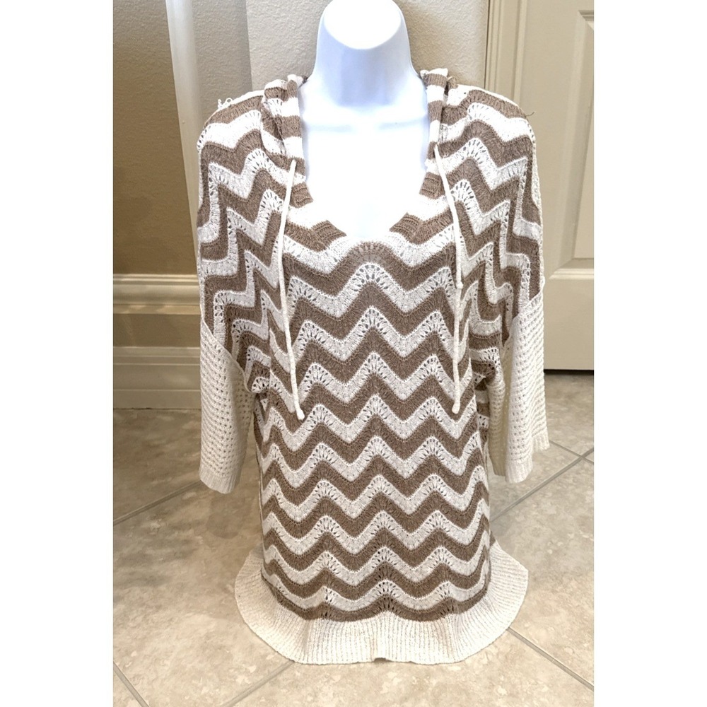 POL Chevron Zigzag Knit Hoodie Tan White Oversized V-Neck Pullover Sweater Sz S